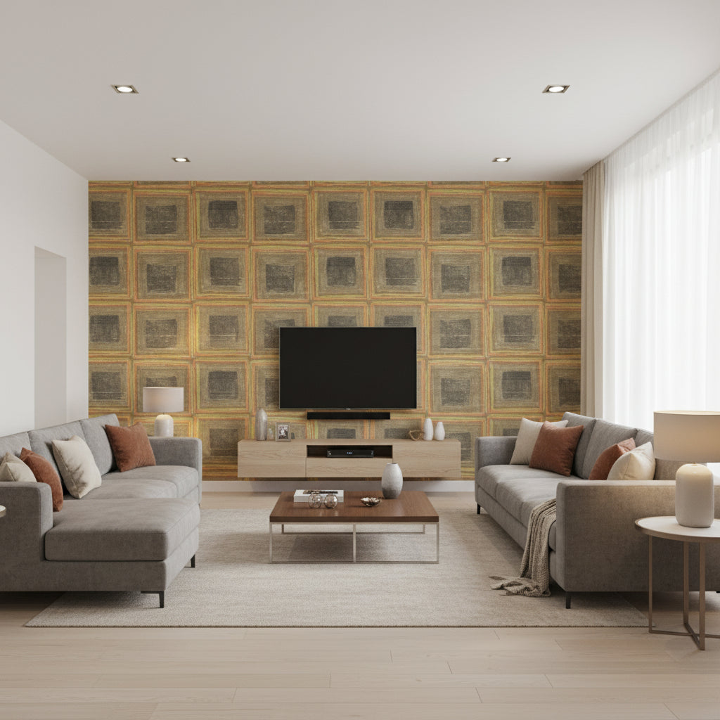 Sigil Terre De Madras | Elitis - Living Room Visualization (AI-generated, may not be to scale. Verify pattern scale with product specifications.)