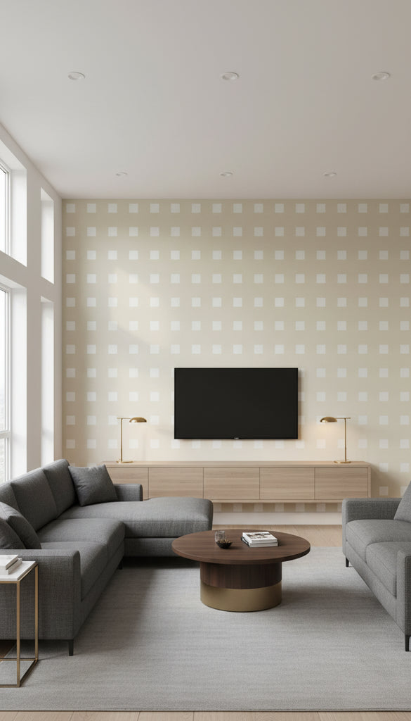 Silver Glitter Square Wallcovering Print - Living Room Visualization (AI-generated, may not be to scale. Verify pattern scale with product specifications.)