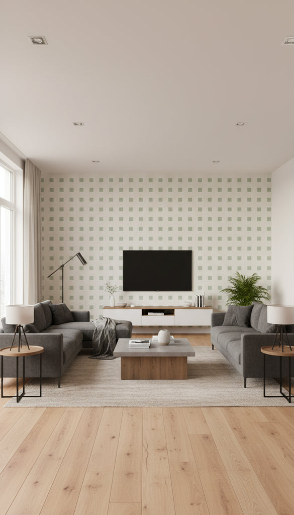 Silver Glitter Square Wallcovering Print - Living Room Visualization (AI-generated, may not be to scale. Verify pattern scale with product specifications.)