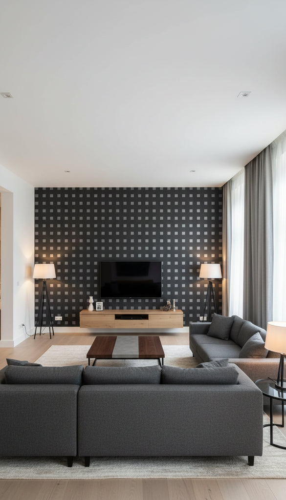 Silver Glitter Square Wallcovering Print - Living Room Visualization (AI-generated, may not be to scale. Verify pattern scale with product specifications.)