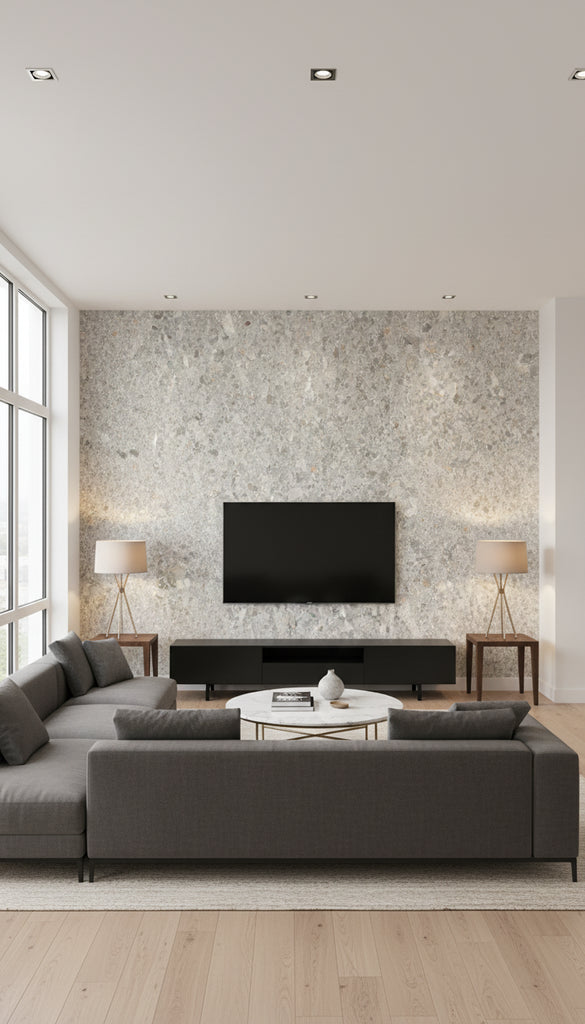 Wallmica - Divan | Maya Romanoff - Living Room Visualization (AI-generated, may not be to scale. Verify pattern scale with product specifications.)