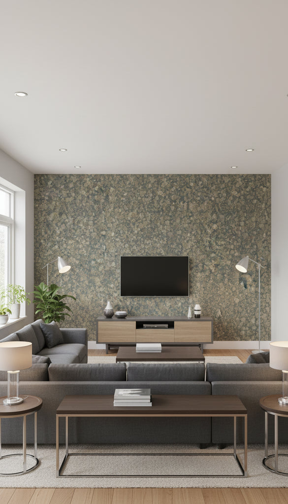 Wallmica - Labradorite Green | Maya Romanoff - Living Room Visualization (AI-generated, may not be to scale. Verify pattern scale with product specifications.)