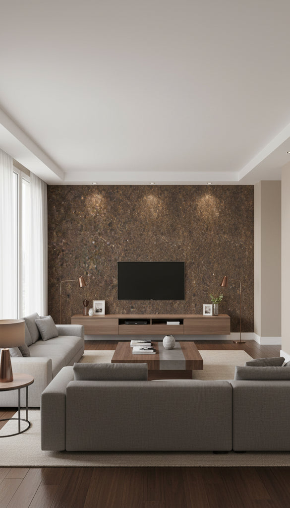 Wallmica - Tiger Eye | Maya Romanoff - Living Room Visualization (AI-generated, may not be to scale. Verify pattern scale with product specifications.)