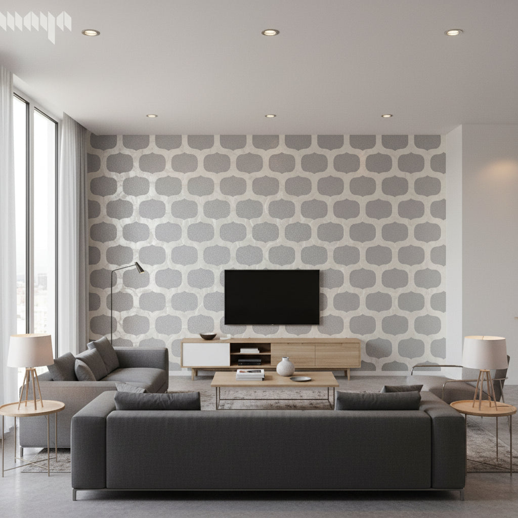 Starlit Lattice - Natural Pearl/Sylvie | Maya Romanoff - Living Room Visualization (AI-generated, may not be to scale. Verify pattern scale with product specifications.)