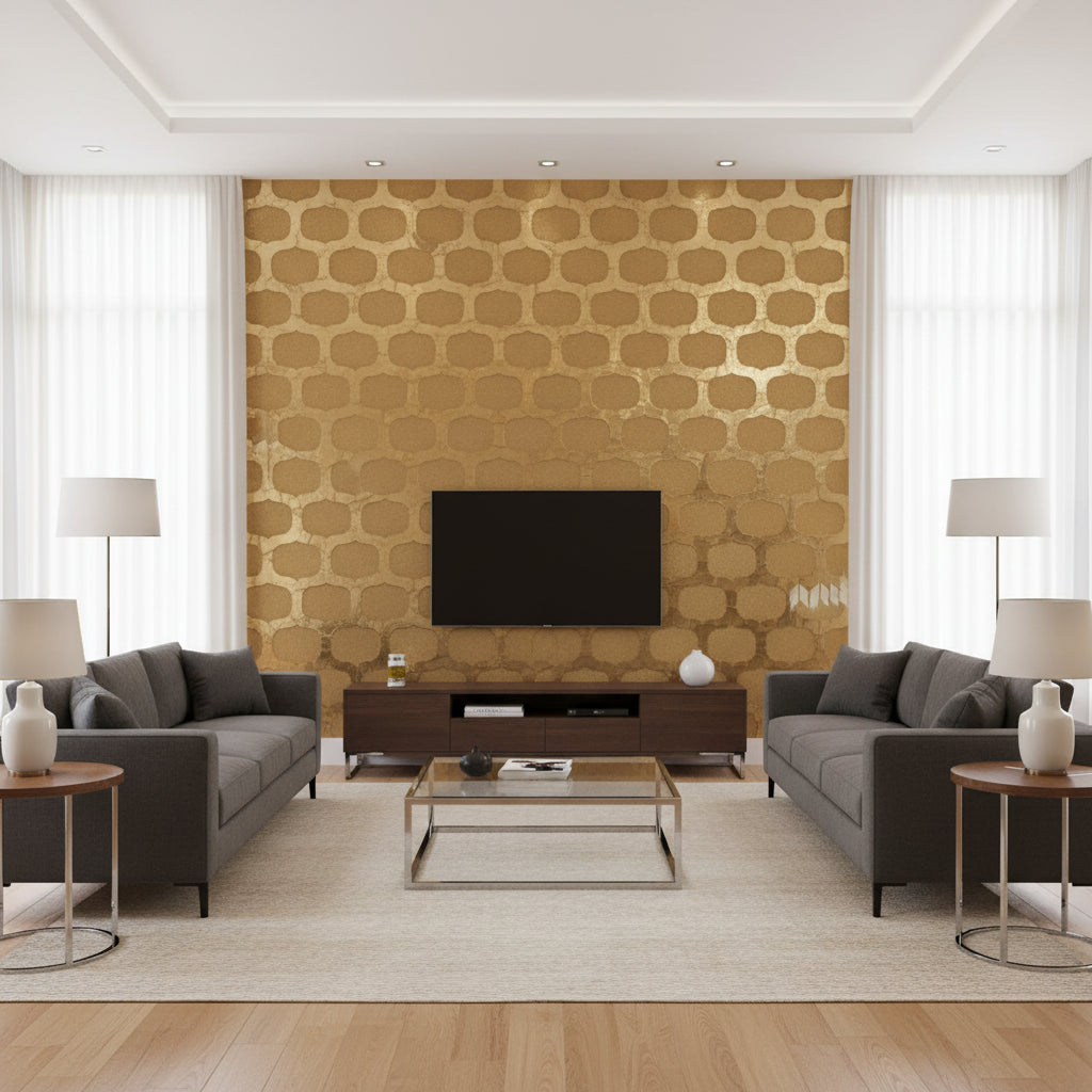 Starlit Lattice - Golden Pearl & Golda | Maya Romanoff - Living Room Visualization (AI-generated, may not be to scale. Verify pattern scale with product specifications.)