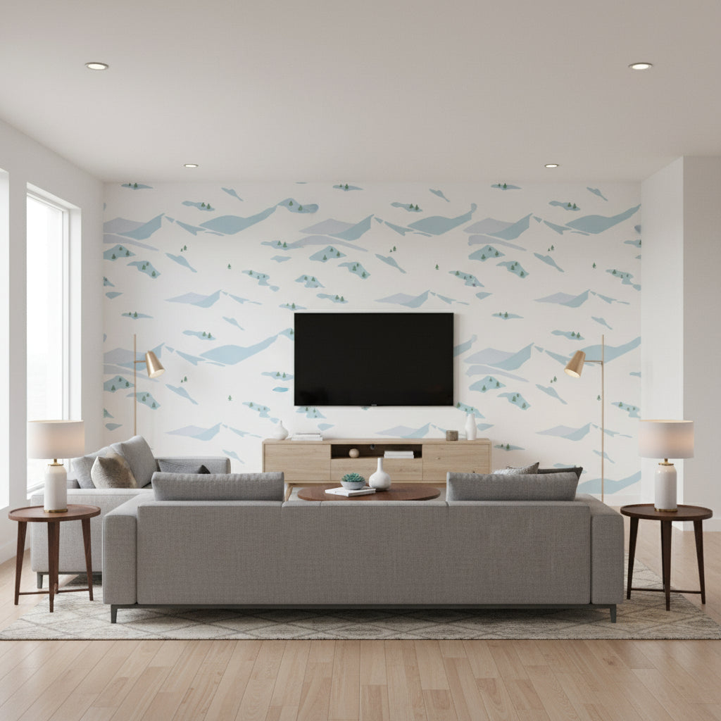Snow Scene Avalanche - Living Room Visualization (AI-generated, may not be to scale. Verify pattern scale with product specifications.)