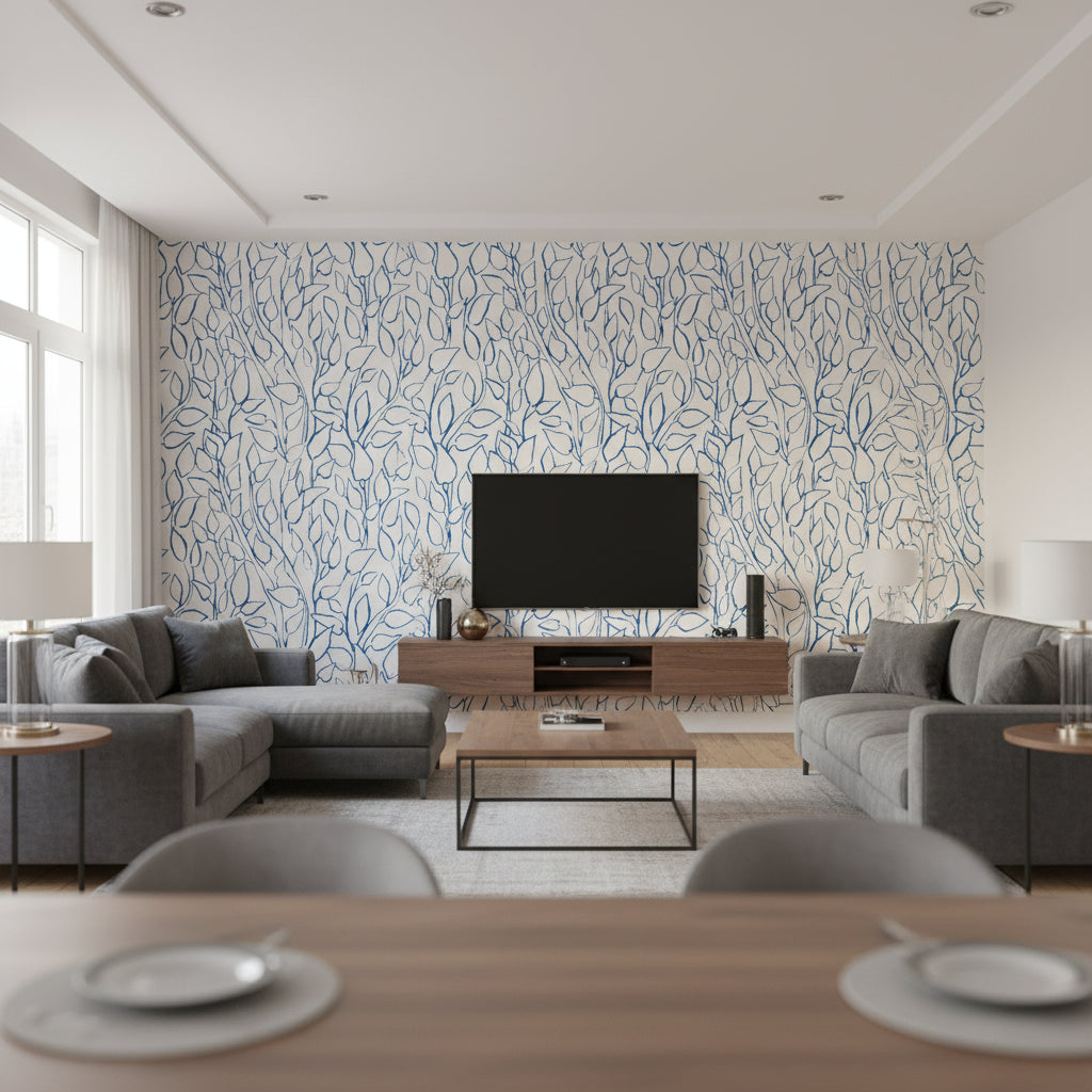 Solandra Vine - Navy Wallcovering | Schumacher - Living Room Visualization (AI-generated, may not be to scale. Verify pattern scale with product specifications.)