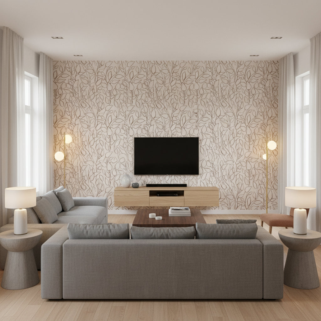 Solandra Vine Wallcovering | Schumacher - Living Room Visualization (AI-generated, may not be to scale. Verify pattern scale with product specifications.)
