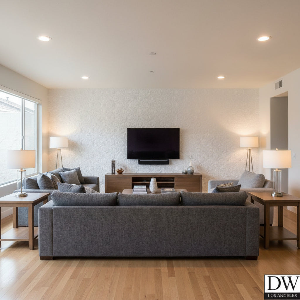 Spencer Paintable Supaglypta | Jeffrey Stevens - Living Room Visualization (AI-generated, may not be to scale. Verify pattern scale with product specifications.)