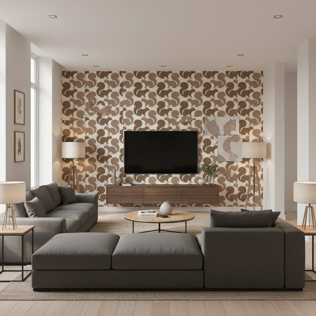 Squirrels Latte - Living Room Visualization (AI-generated, may not be to scale. Verify pattern scale with product specifications.)