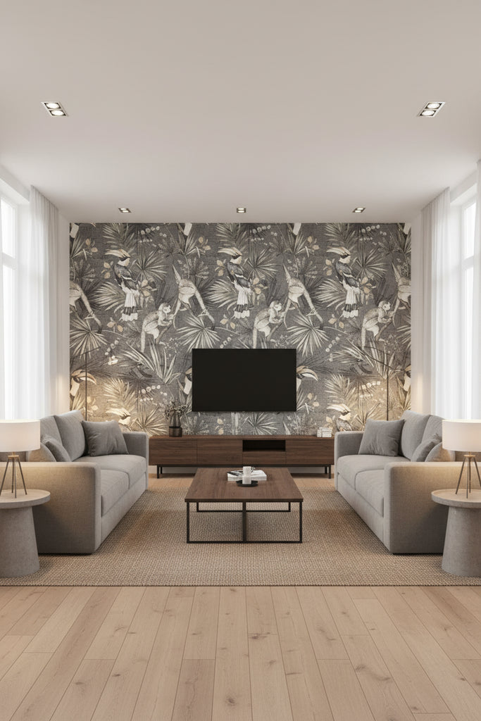 Sumatra Jungle Tropical Silk Monkey Wallpaper - Living Room Visualization (AI-generated, may not be to scale. Verify pattern scale with product specifications.)