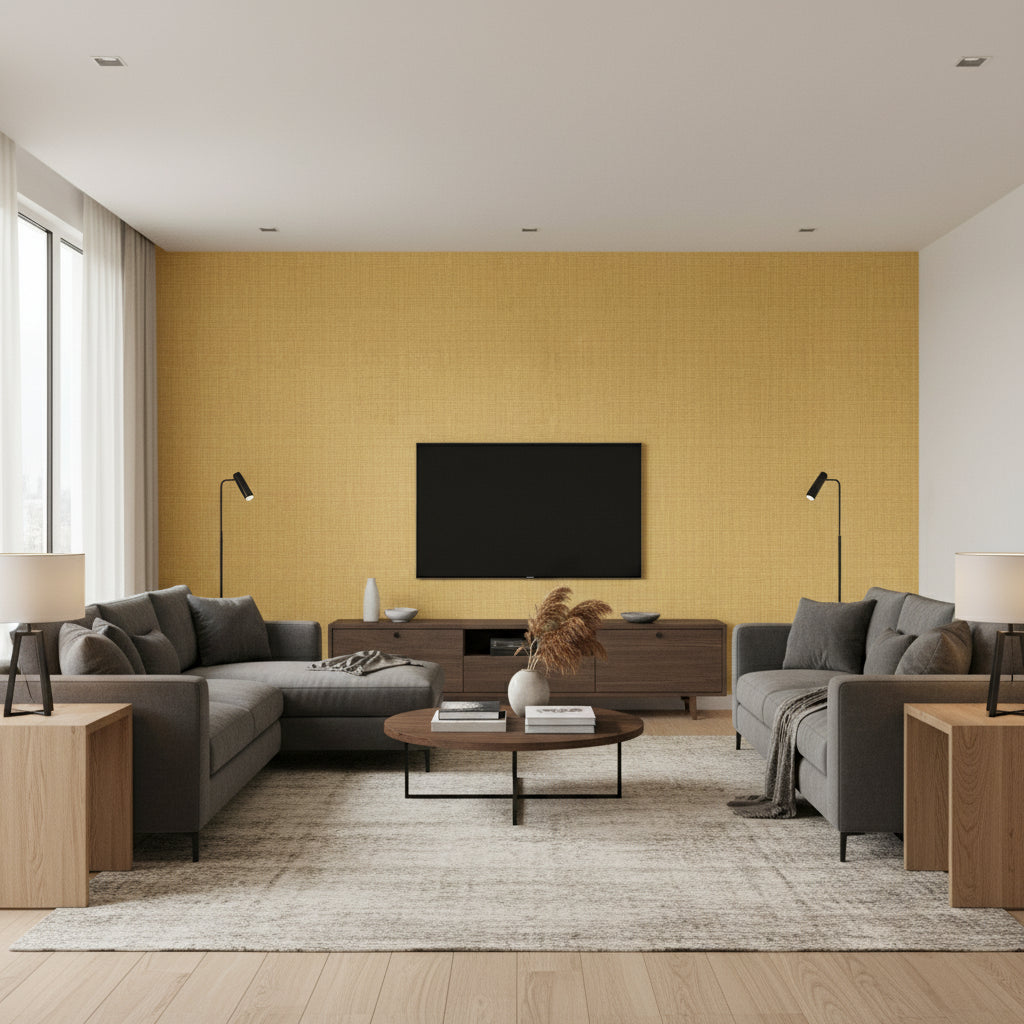Adalyn Weave Gold | Architectural Wallcoverings - Living Room Visualization (AI-generated, may not be to scale. Verify pattern scale with product specifications.)