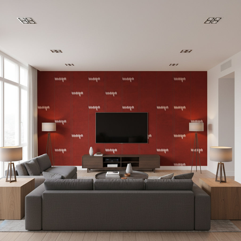 Stitched Vertical by David Rockwell - Candy Apple | Maya Romanoff - Living Room Visualization (AI-generated, may not be to scale. Verify pattern scale with product specifications.)