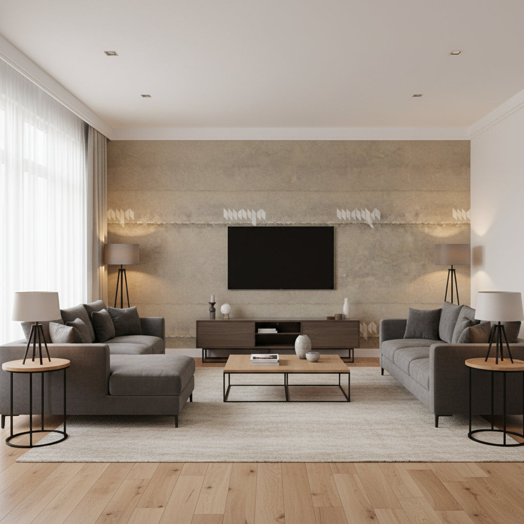 Stitched Vertical by David Rockwell - Silver | Maya Romanoff - Living Room Visualization (AI-generated, may not be to scale. Verify pattern scale with product specifications.)