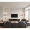Stitched Vertical by David Rockwell - Metallic White | Maya Romanoff - Living Room Visualization (AI-generated, may not be to scale. Verify pattern scale with product specifications.)