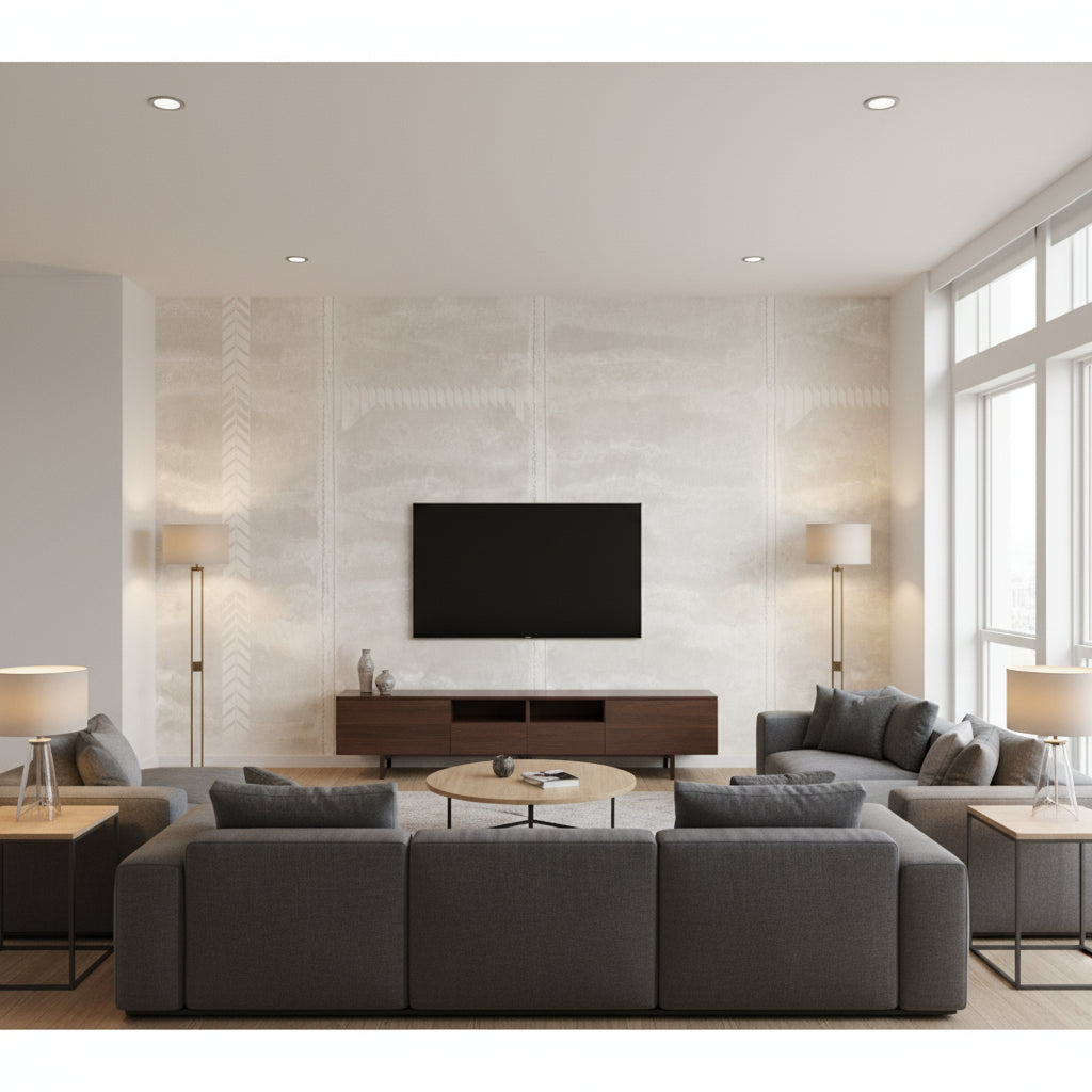 Stitched Vertical by David Rockwell - Metallic White | Maya Romanoff - Living Room Visualization (AI-generated, may not be to scale. Verify pattern scale with product specifications.)