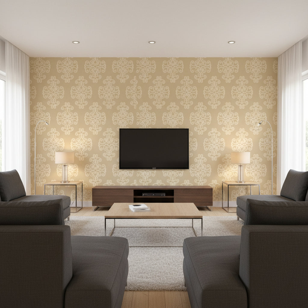 Caballo Camel Camel | Thibaut - Living Room Visualization (AI-generated, may not be to scale. Verify pattern scale with product specifications.)