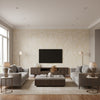 Lyndon Damask White on Beige White on Beige | Thibaut - Living Room Visualization (AI-generated, may not be to scale. Verify pattern scale with product specifications.)