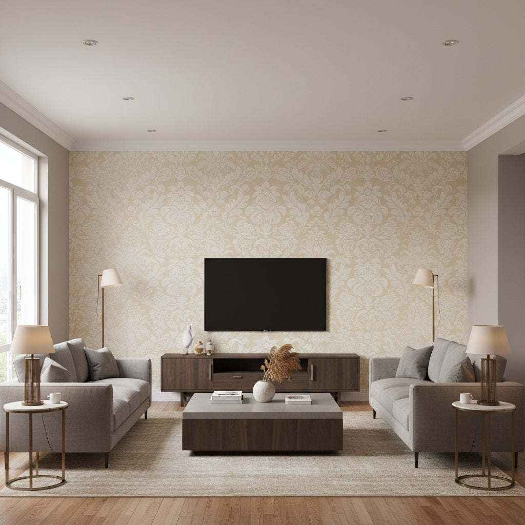 Lyndon Damask White on Beige White on Beige | Thibaut - Living Room Visualization (AI-generated, may not be to scale. Verify pattern scale with product specifications.)