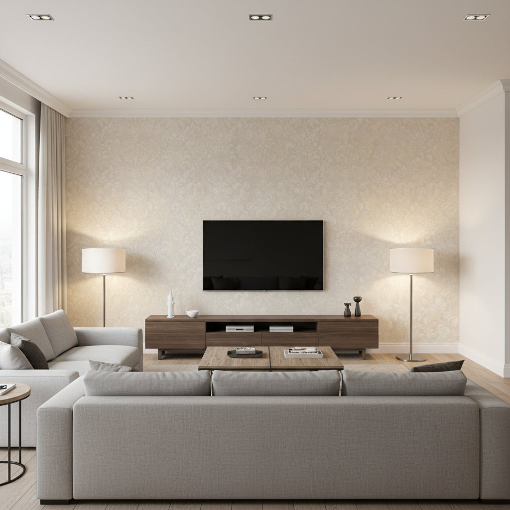 Lyndon Damask Grey Grey | Thibaut - Living Room Visualization (AI-generated, may not be to scale. Verify pattern scale with product specifications.)