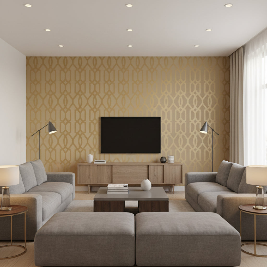 Downing Gate Metallic Gold on Bark Metallic Gold on Bark | Thibaut - Living Room Visualization (AI-generated, may not be to scale. Verify pattern scale with product specifications.)