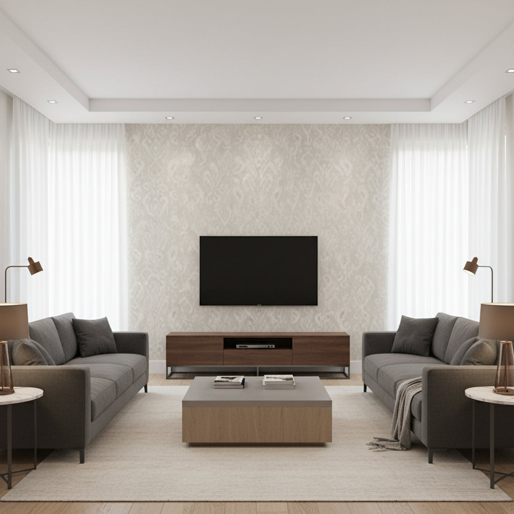 Bravado Ikat Grey Grey | Thibaut - Living Room Visualization (AI-generated, may not be to scale. Verify pattern scale with product specifications.)