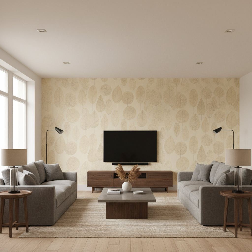Bravado Ikat Beige Beige | Thibaut - Living Room Visualization (AI-generated, may not be to scale. Verify pattern scale with product specifications.)