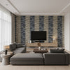 Mekong Stripe Charcoal and Taupe Charcoal and Taupe | Thibaut - Living Room Visualization (AI-generated, may not be to scale. Verify pattern scale with product specifications.)