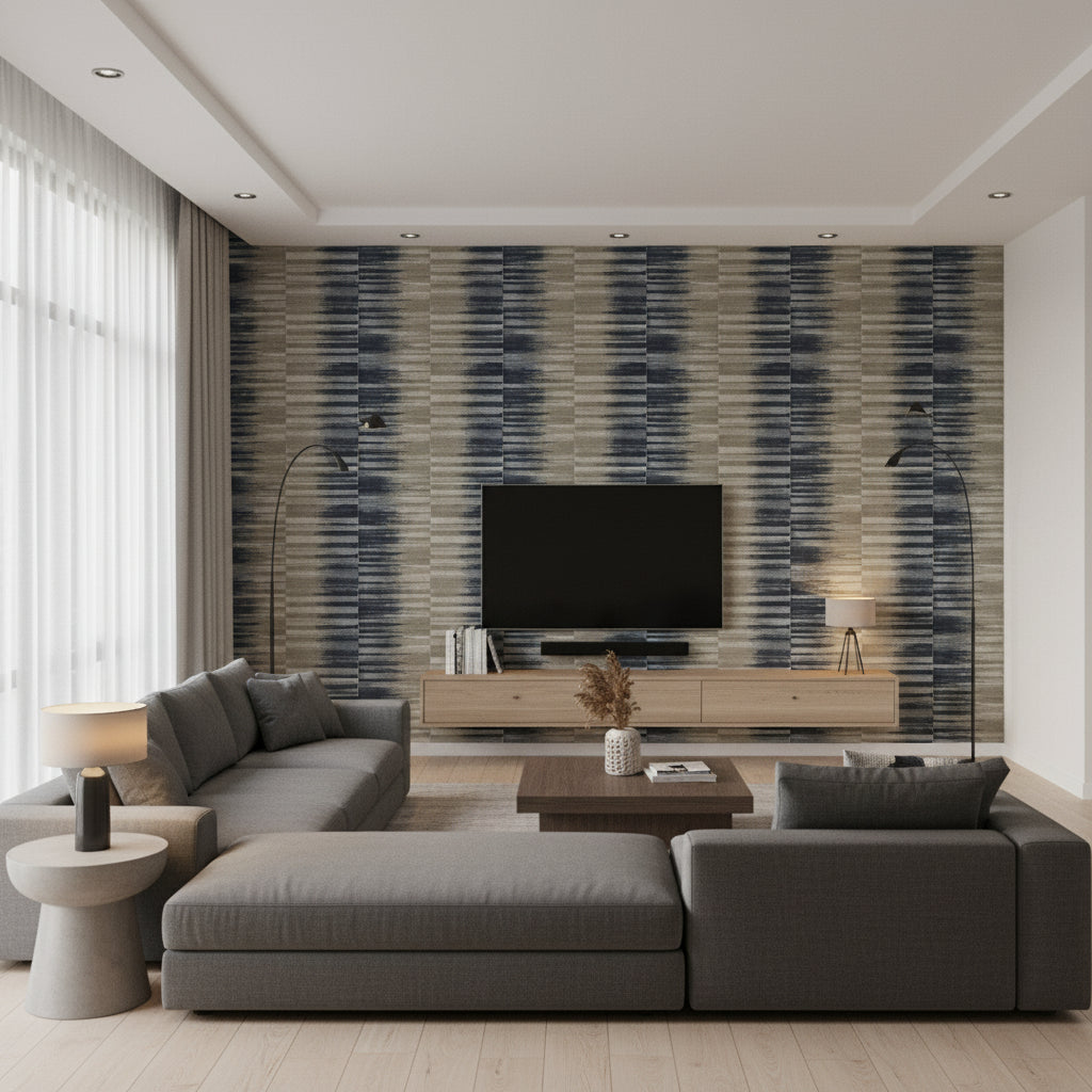 Mekong Stripe Charcoal and Taupe Charcoal and Taupe | Thibaut - Living Room Visualization (AI-generated, may not be to scale. Verify pattern scale with product specifications.)