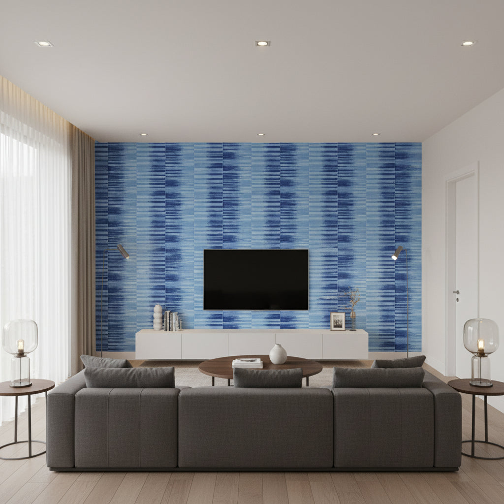 Mekong Stripe Navy Navy | Thibaut - Living Room Visualization (AI-generated, may not be to scale. Verify pattern scale with product specifications.)