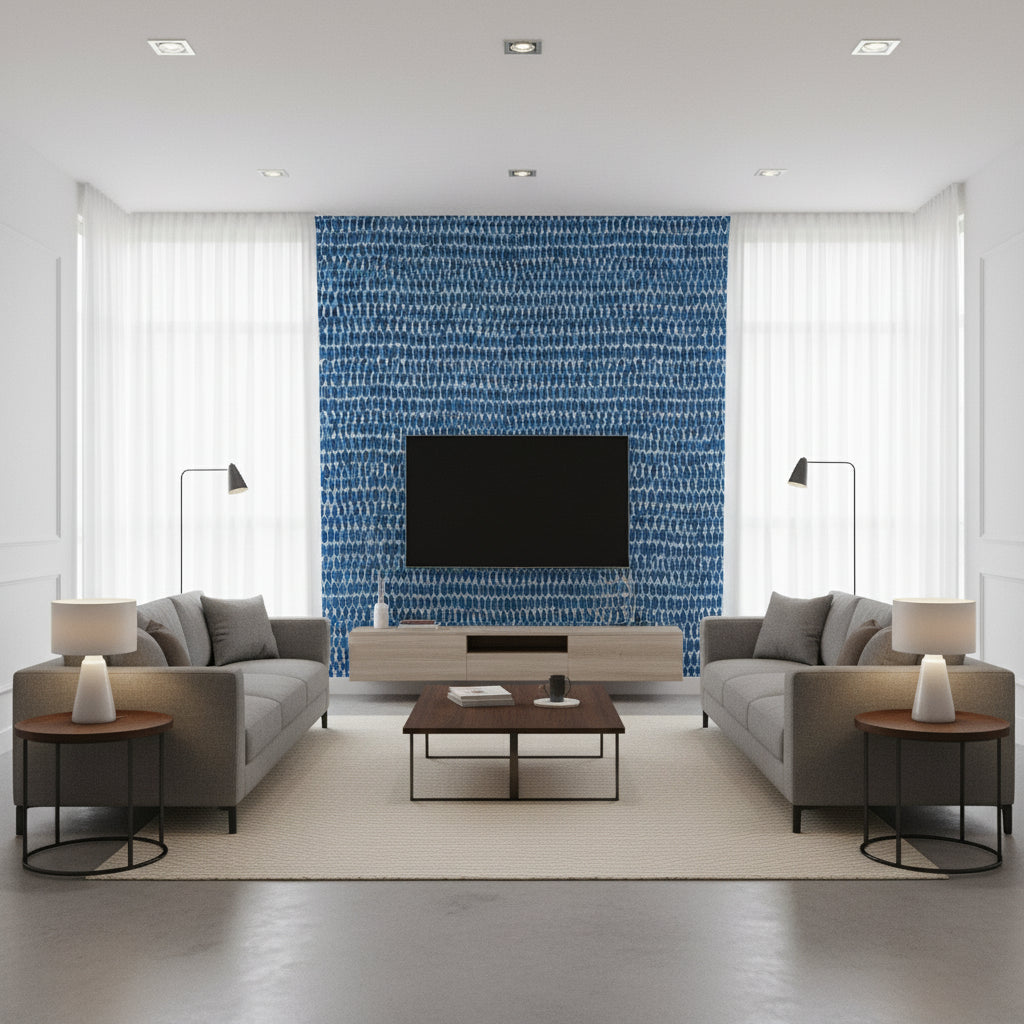 Mekong Stripe Blue and Turquoise Blue and Turquoise | Thibaut - Living Room Visualization (AI-generated, may not be to scale. Verify pattern scale with product specifications.)