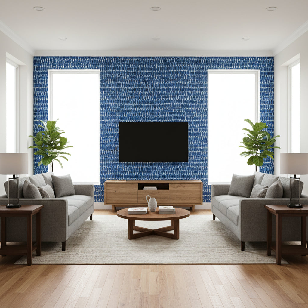 Mekong Stripe Navy Navy | Thibaut - Living Room Visualization (AI-generated, may not be to scale. Verify pattern scale with product specifications.)