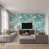 Palm Botanical Turquoise aquamarine | Thibaut - Living Room Visualization (AI-generated, may not be to scale. Verify pattern scale with product specifications.)