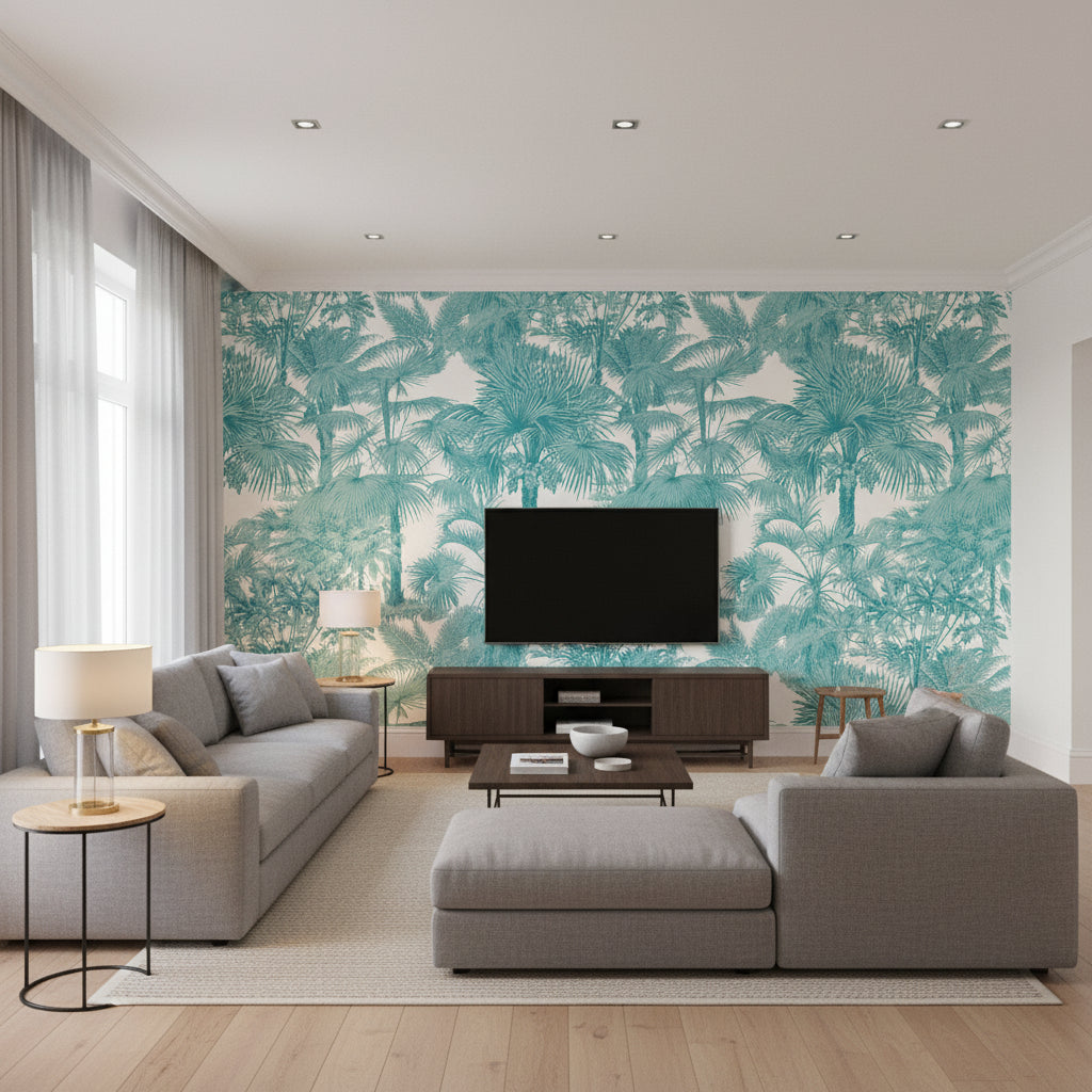 Palm Botanical Turquoise aquamarine | Thibaut - Living Room Visualization (AI-generated, may not be to scale. Verify pattern scale with product specifications.)