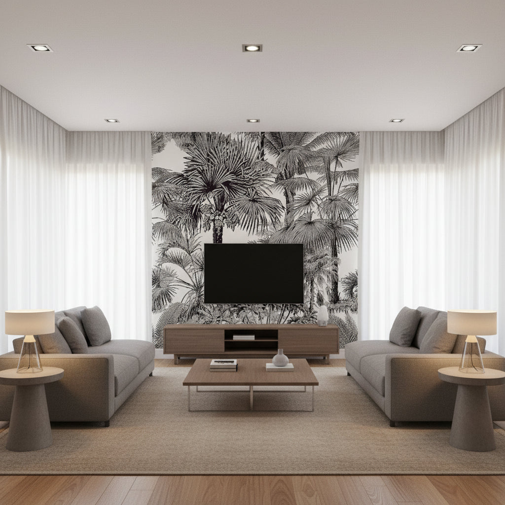 Palm Botanical Black Black | Thibaut - Living Room Visualization (AI-generated, may not be to scale. Verify pattern scale with product specifications.)