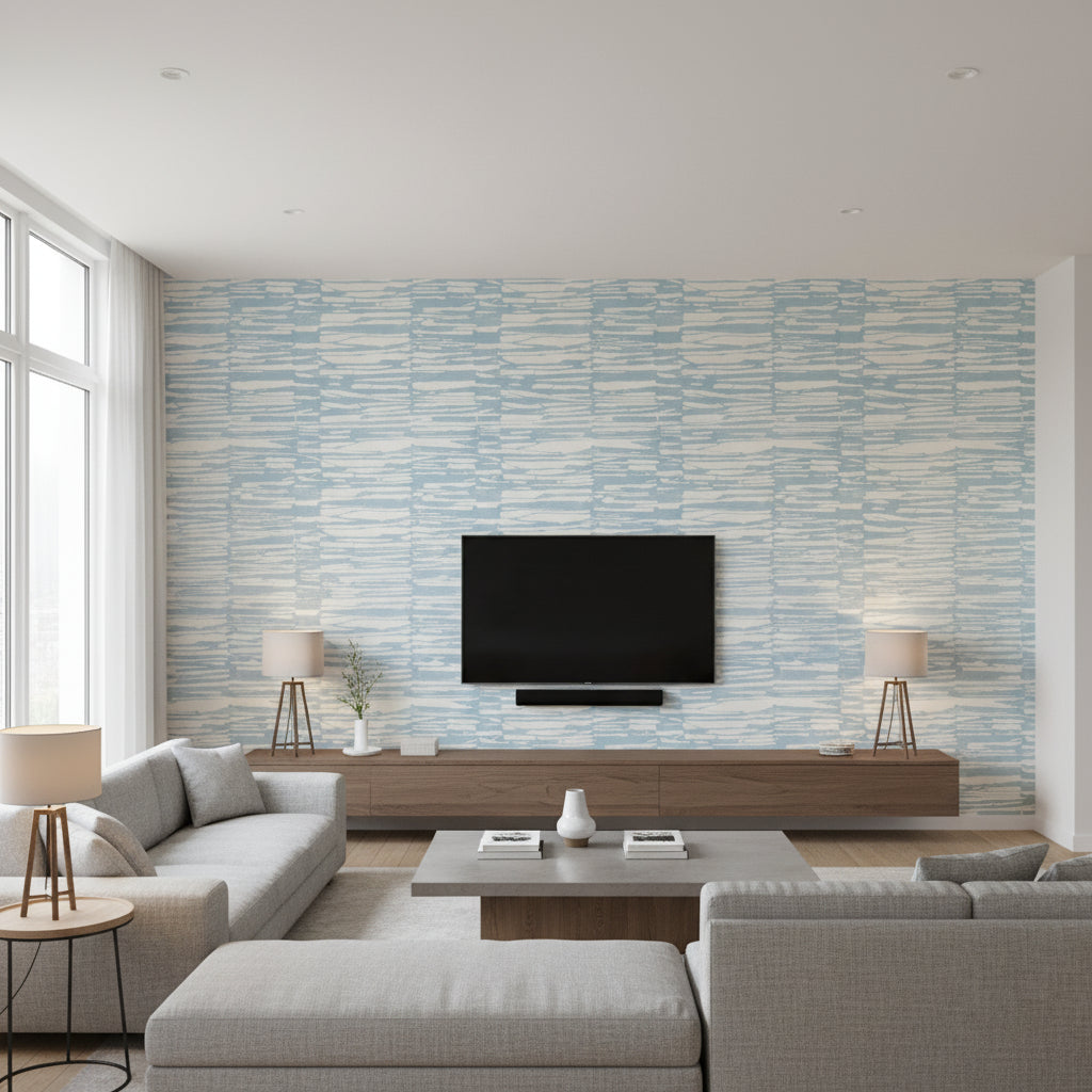 Ischia Spa Blue Spa Blue | Thibaut - Living Room Visualization (AI-generated, may not be to scale. Verify pattern scale with product specifications.)