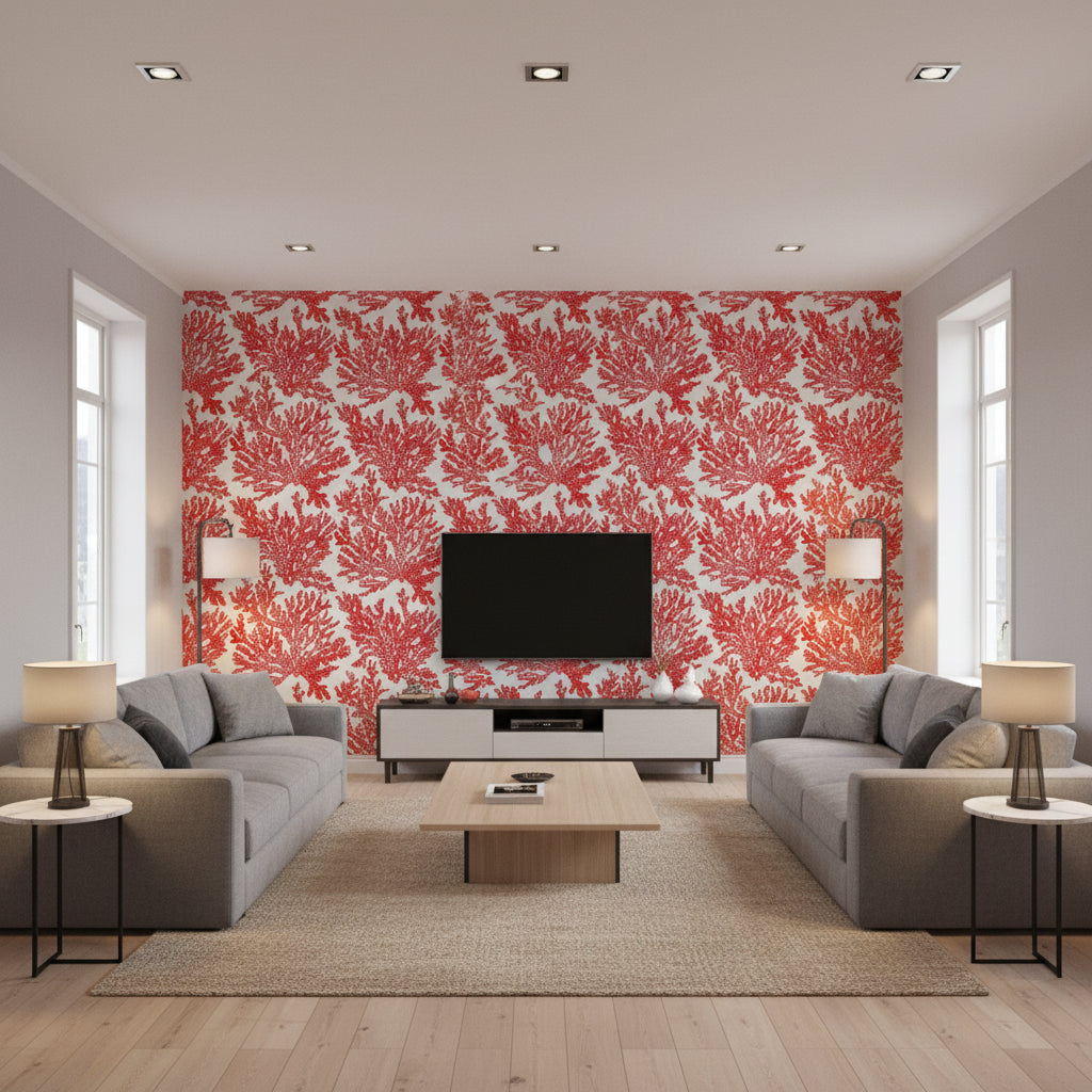 Marine Coral Coral Coral | Thibaut - Living Room Visualization (AI-generated, may not be to scale. Verify pattern scale with product specifications.)