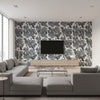 Marine Coral Black Black | Thibaut - Living Room Visualization (AI-generated, may not be to scale. Verify pattern scale with product specifications.)