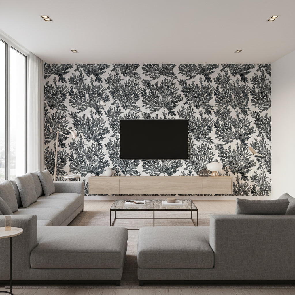 Marine Coral Black Black | Thibaut - Living Room Visualization (AI-generated, may not be to scale. Verify pattern scale with product specifications.)
