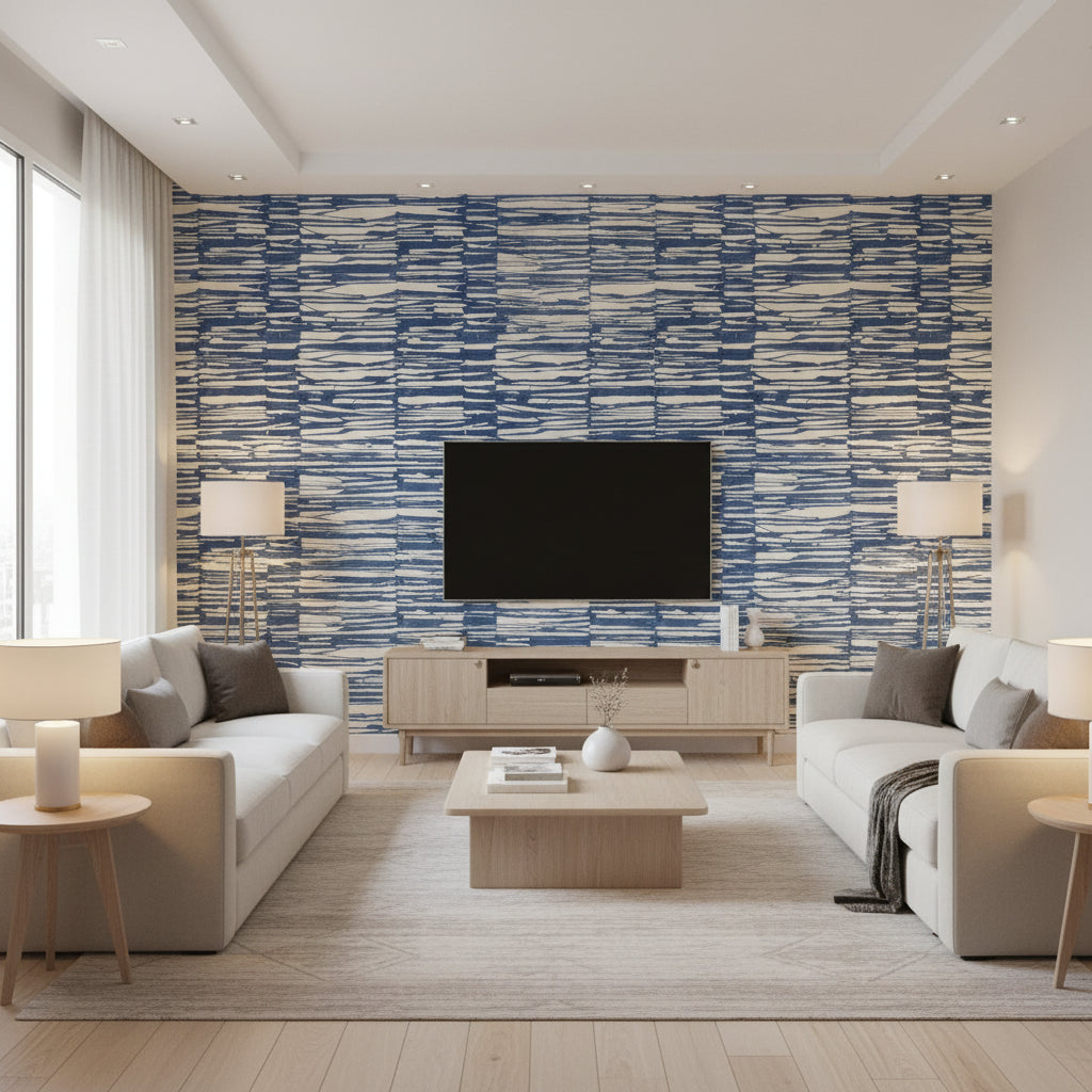 Marine Coral Navy Navy | Thibaut - Living Room Visualization (AI-generated, may not be to scale. Verify pattern scale with product specifications.)