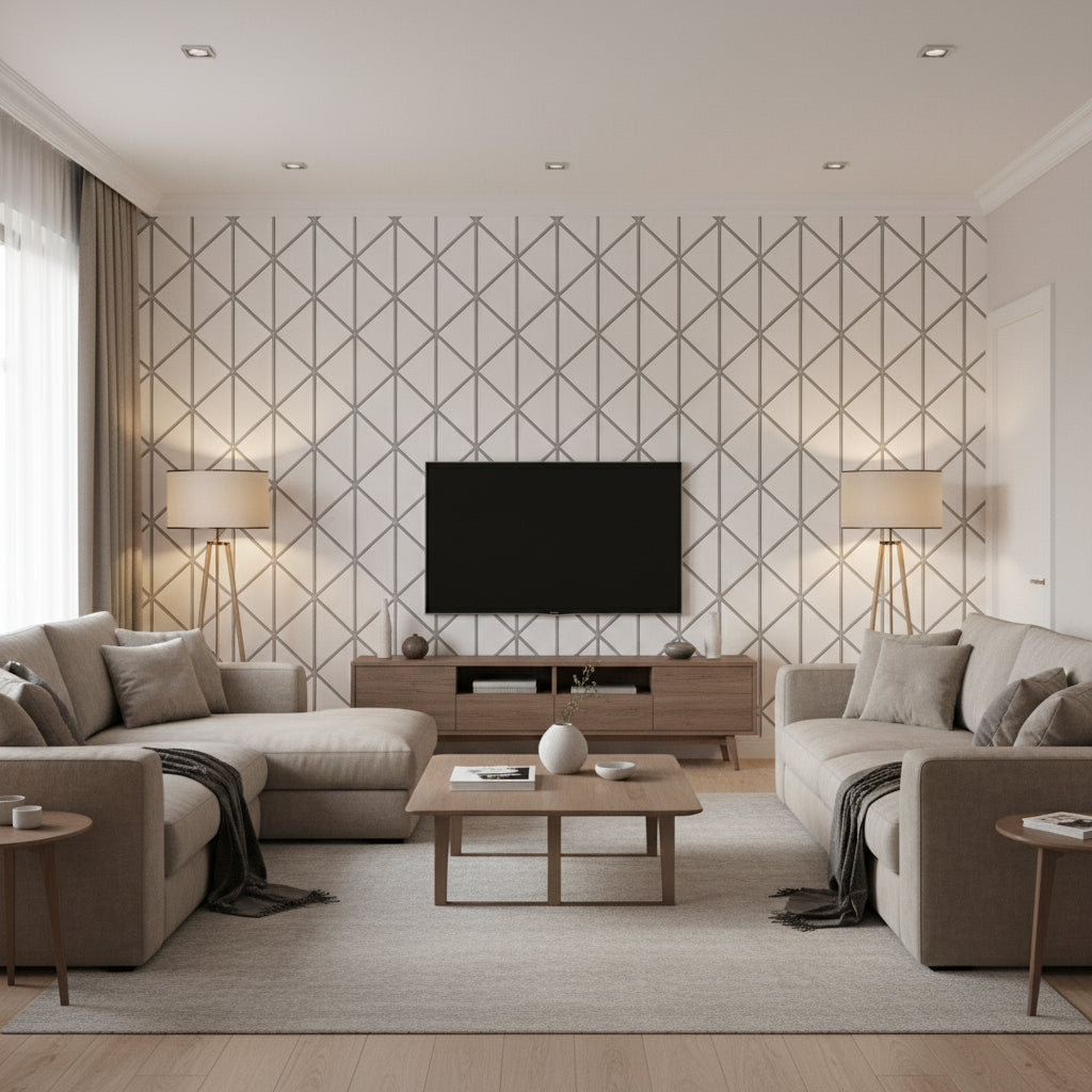 Box Kite Black ivory | Thibaut - Living Room Visualization (AI-generated, may not be to scale. Verify pattern scale with product specifications.)