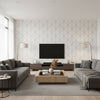 Box Kite Grey white | Thibaut - Living Room Visualization (AI-generated, may not be to scale. Verify pattern scale with product specifications.)