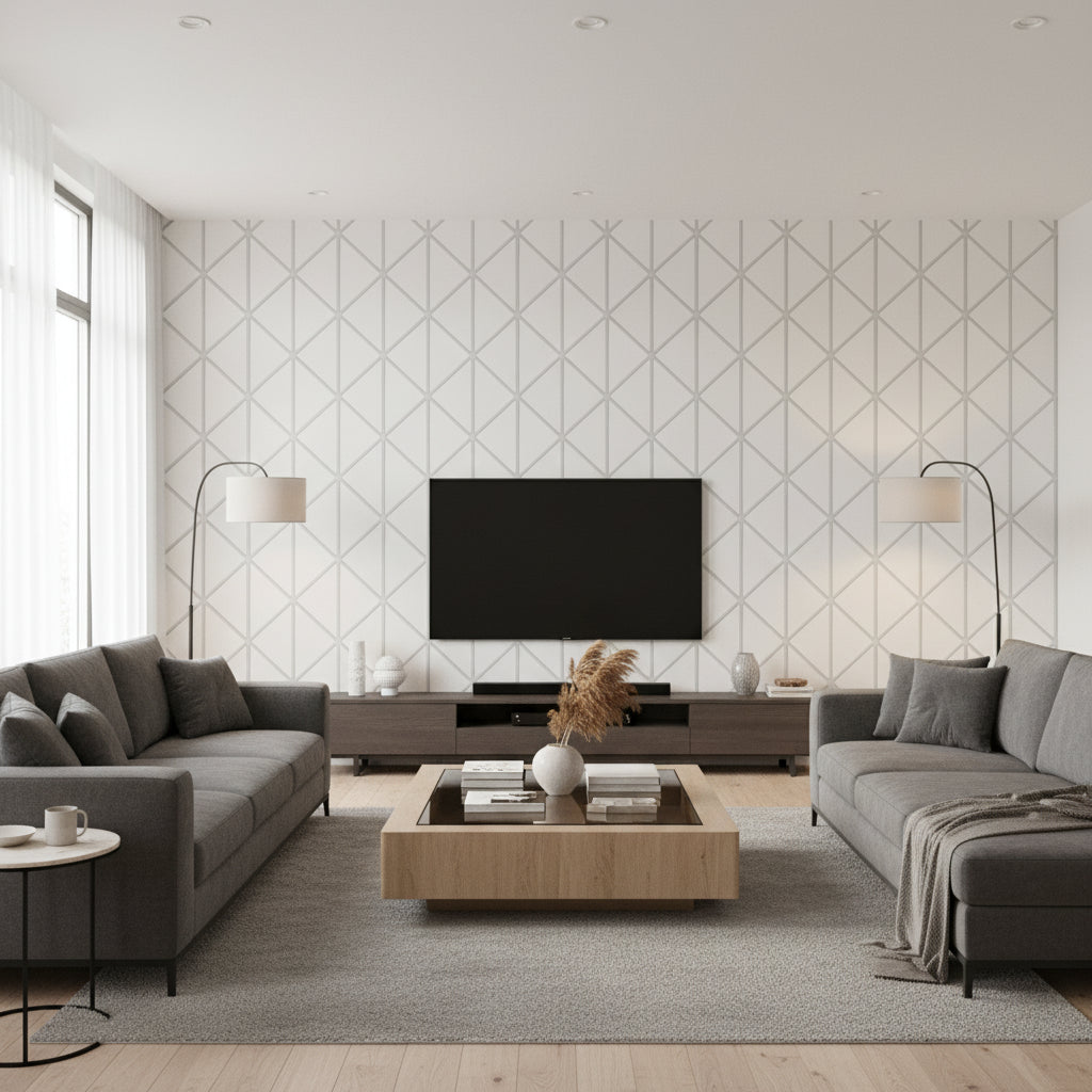 Box Kite Grey white | Thibaut - Living Room Visualization (AI-generated, may not be to scale. Verify pattern scale with product specifications.)