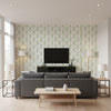 Box Kite Emerald Green ivory | Thibaut - Living Room Visualization (AI-generated, may not be to scale. Verify pattern scale with product specifications.)