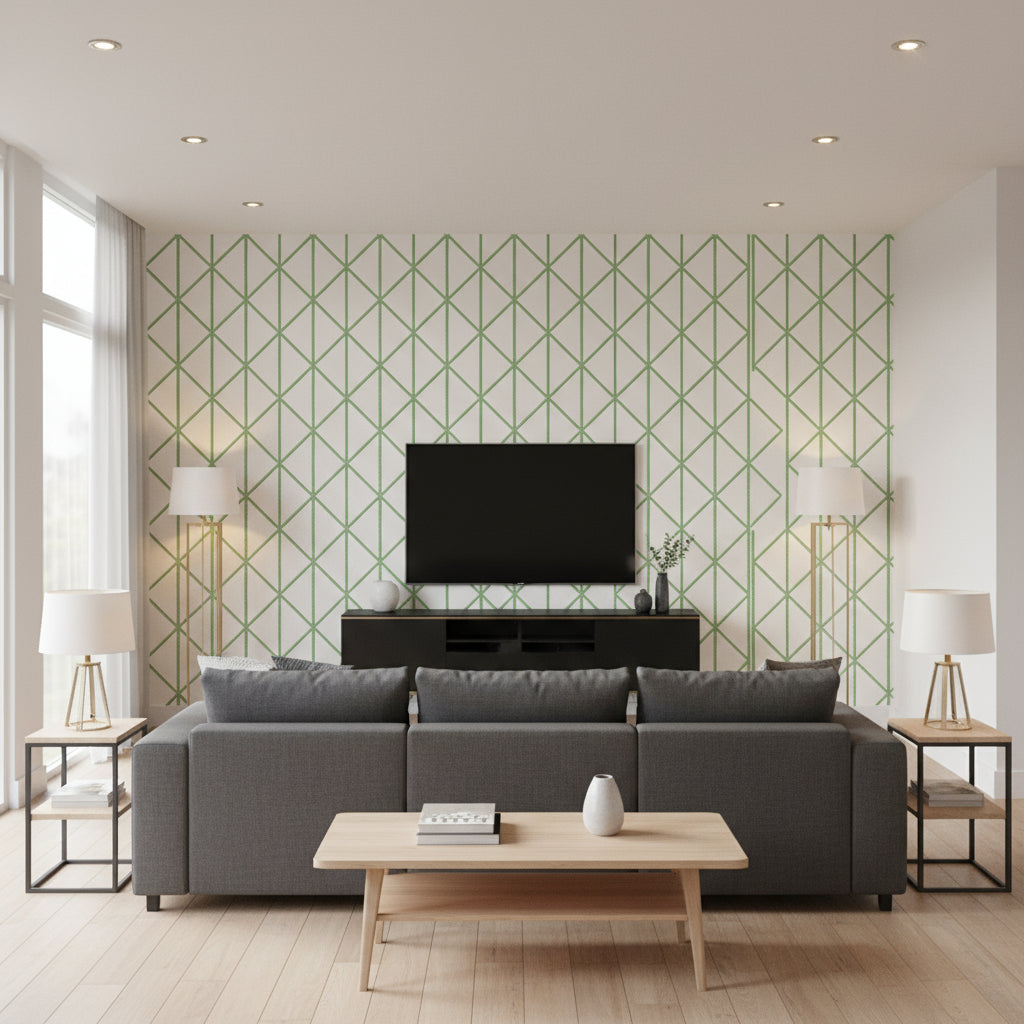 Box Kite Emerald Green ivory | Thibaut - Living Room Visualization (AI-generated, may not be to scale. Verify pattern scale with product specifications.)