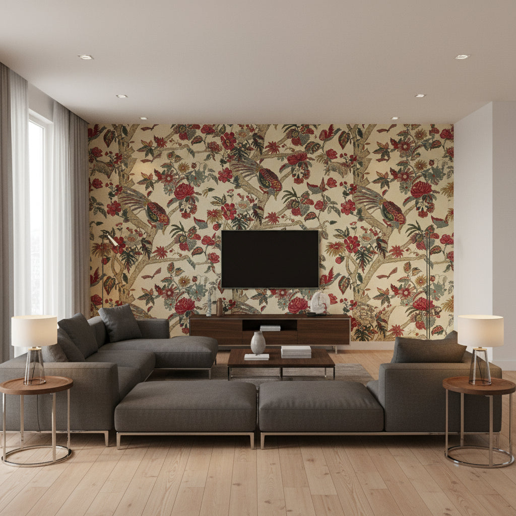 T10228 | Thibaut - Living Room Visualization (AI-generated, may not be to scale. Verify pattern scale with product specifications.)