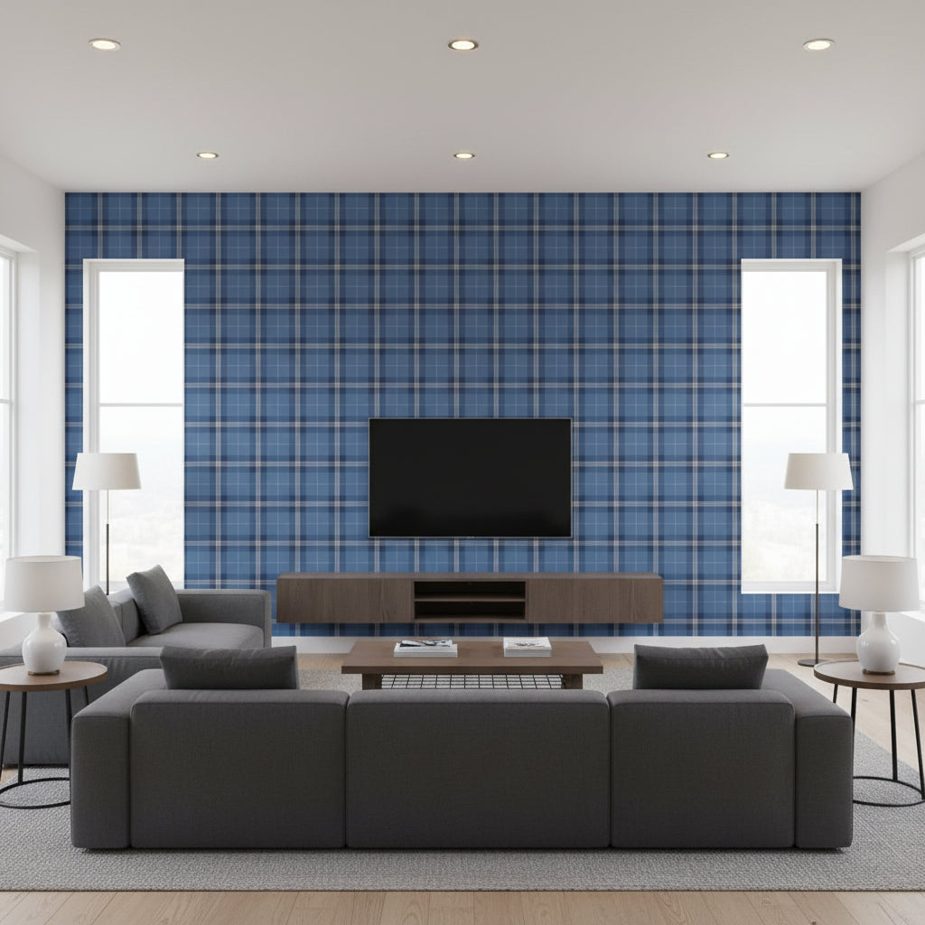Wallcoverings Navy Navy | Thibaut - Living Room Visualization (AI-generated, may not be to scale. Verify pattern scale with product specifications.)