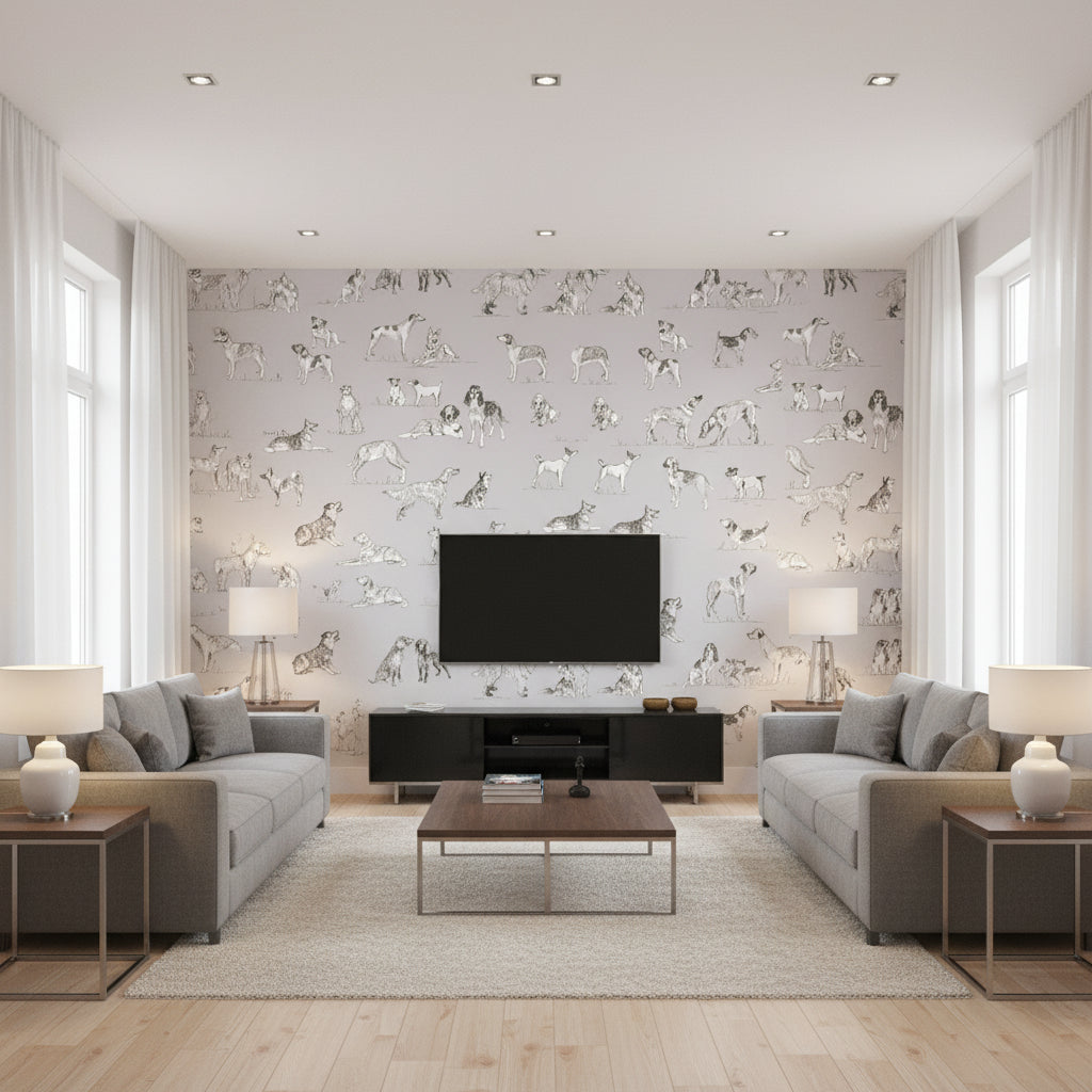 Maduri Grey light gray | Thibaut - Living Room Visualization (AI-generated, may not be to scale. Verify pattern scale with product specifications.)