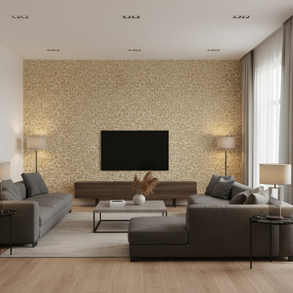 Aedan Cream Cream | Thibaut - Living Room Visualization (AI-generated, may not be to scale. Verify pattern scale with product specifications.)