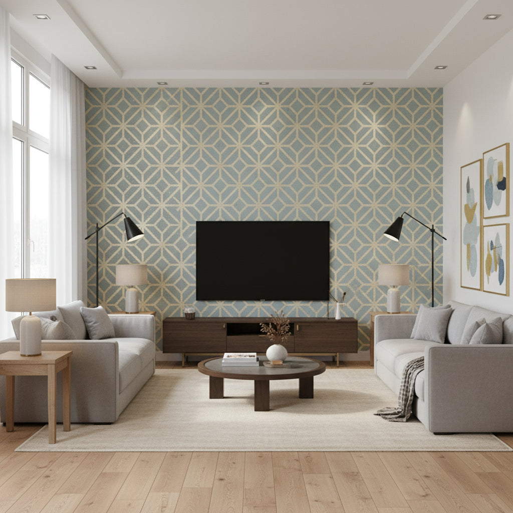 Mamora Trellis Cork Spa Blue on Metallic Pewter Spa Blue on Metallic Pewter | Thibaut - Living Room Visualization (AI-generated, may not be to scale. Verify pattern scale with product specifications.)